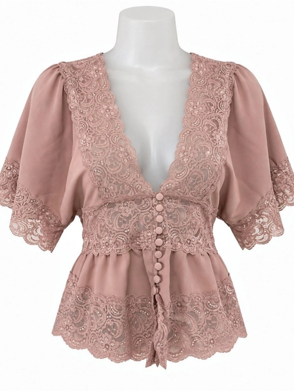 Dusty Rose Lace Trim Peplum Blouse Romantic Cottagecore Top